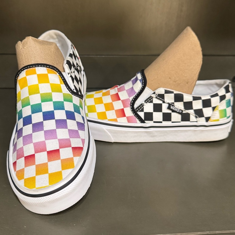 Vans Slip-On Rainbow & Black Checkerboard Canvas Sneakers